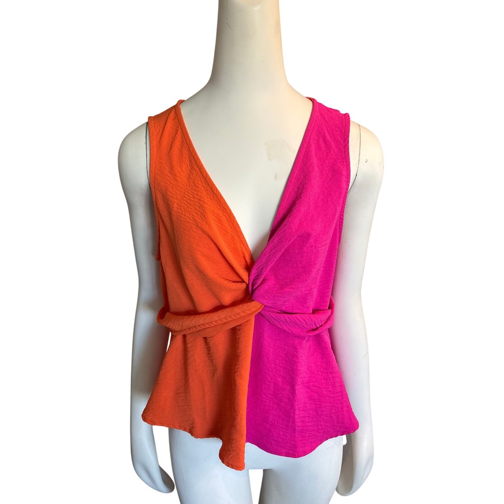 Entro Women Two Tone Colorblock Twist Front Peplum Top Orange Pink Large T6324